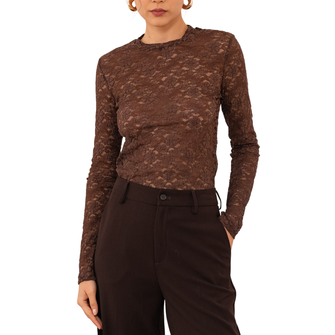 LUCY LONG SLEEVE LACE TOP CHOCOLATE