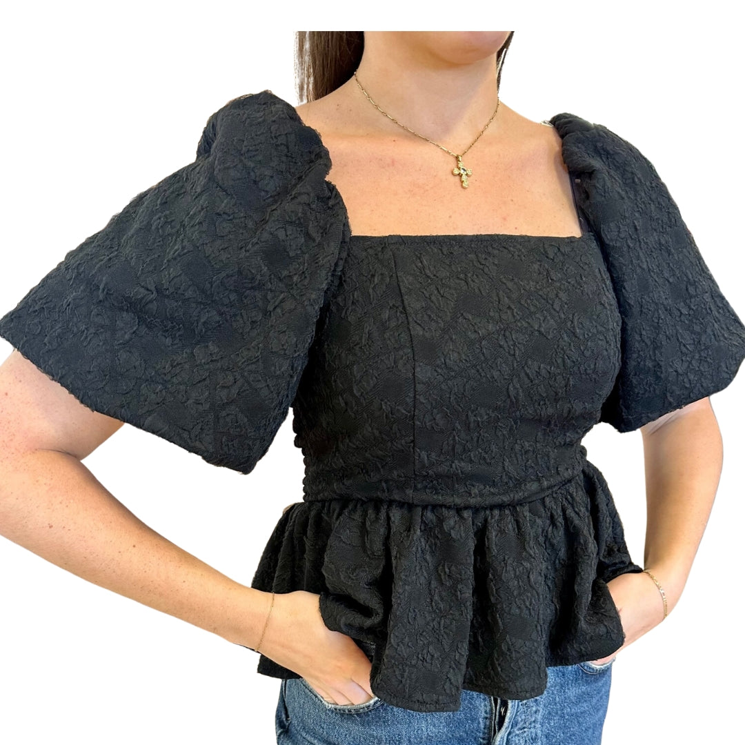 BALLOON SLEEVE JACQUARD TOP BLACK – Brand Bar