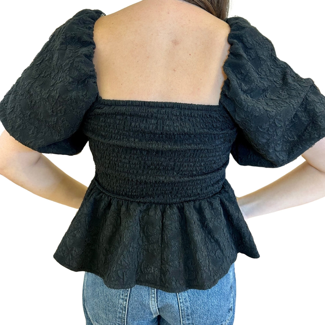BALLOON SLEEVE JACQUARD TOP BLACK