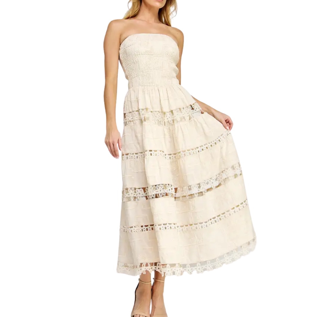 EYELET LACE TUBE DRESS ECRU