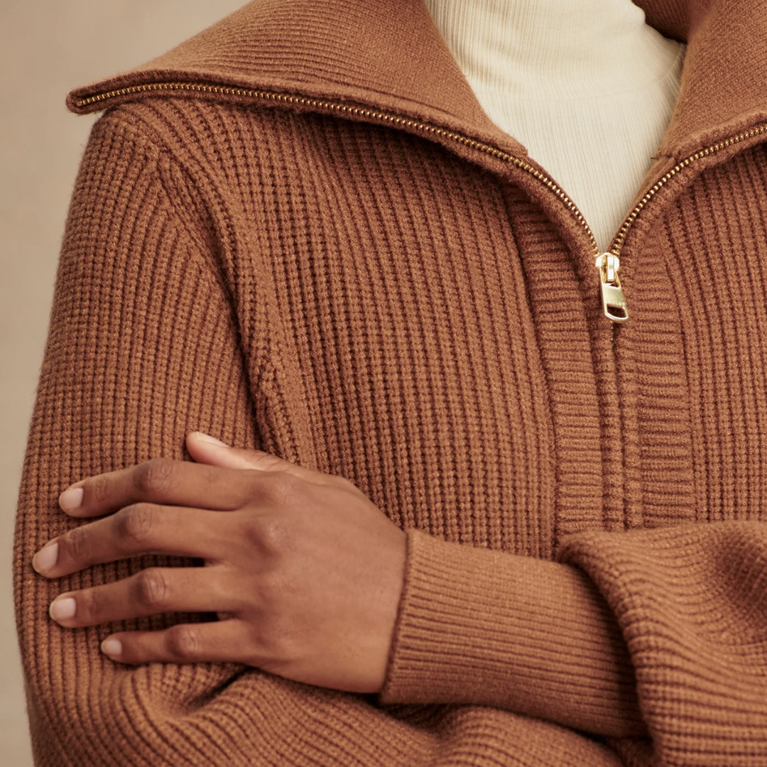 MAURA HALF ZIP RIB KNIT CARAMEL PECAN