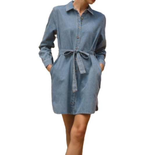 LONG SLEEVE WASHED SHIRT DRESS DENIM