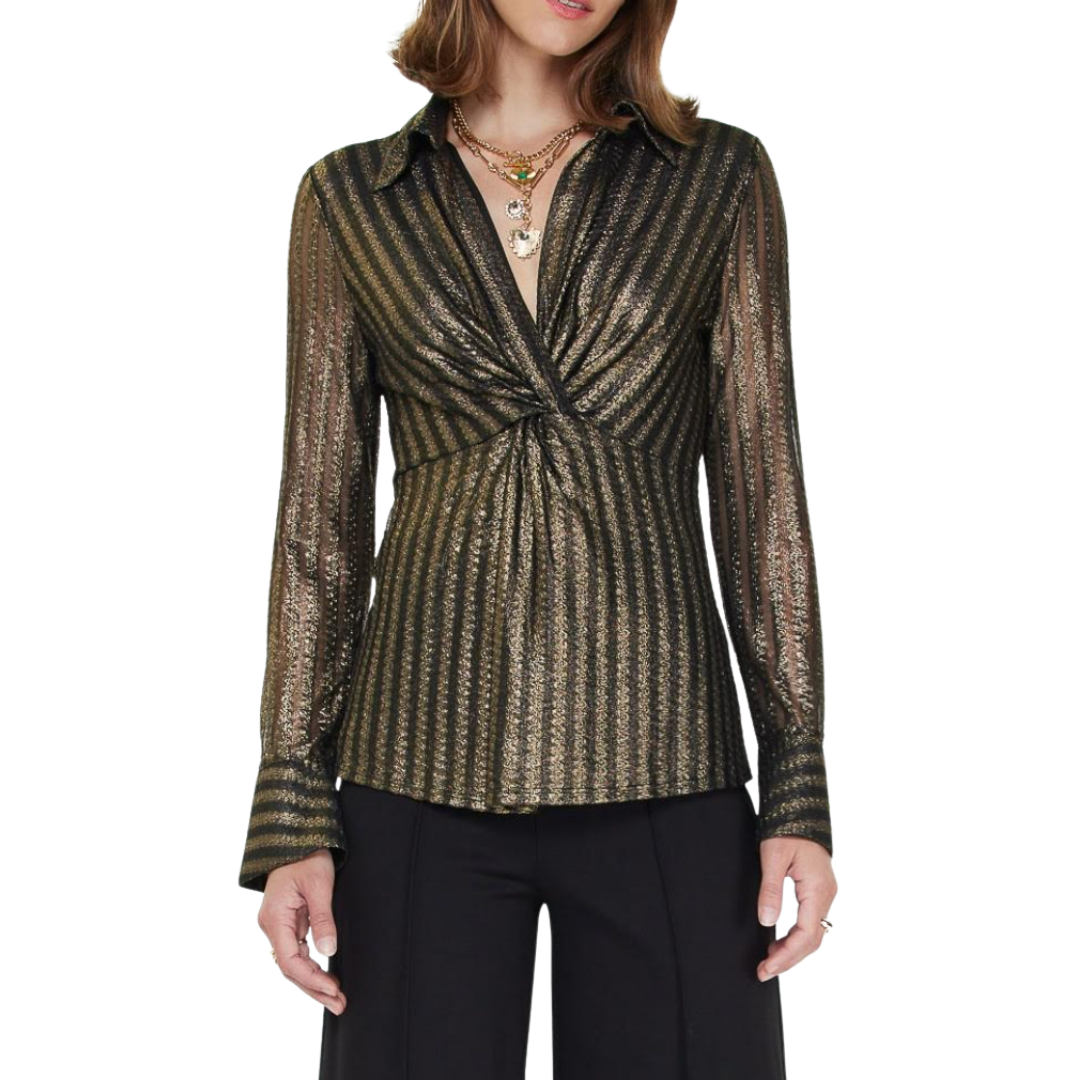 LONG SLEEVE VNECK BLOUSE BLACK/GOLD