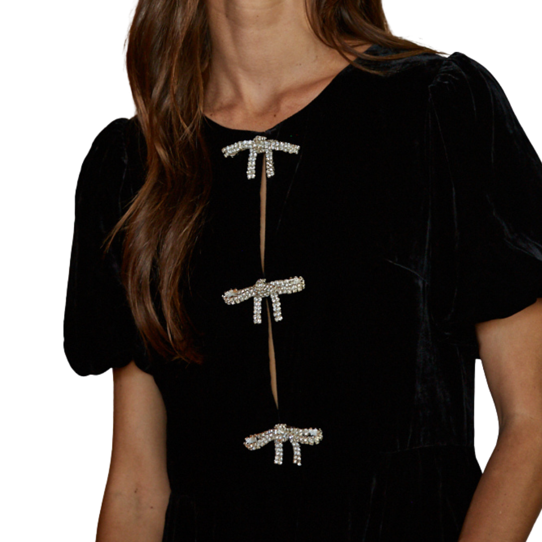 VELVET SPARKLE BOW MINI DRESS