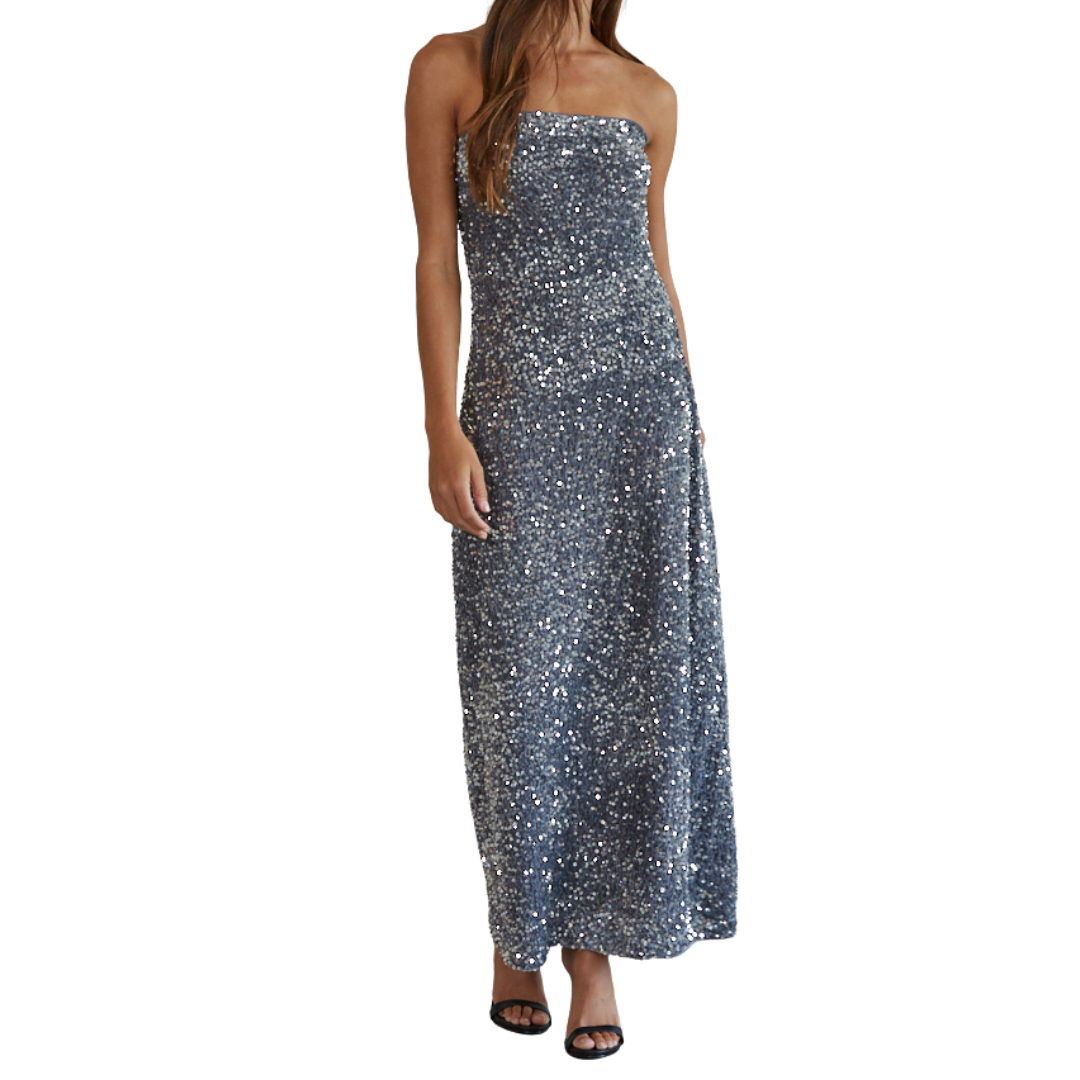 SEQUIN STRAPLESS PENCIL MAXI DRESS GREY