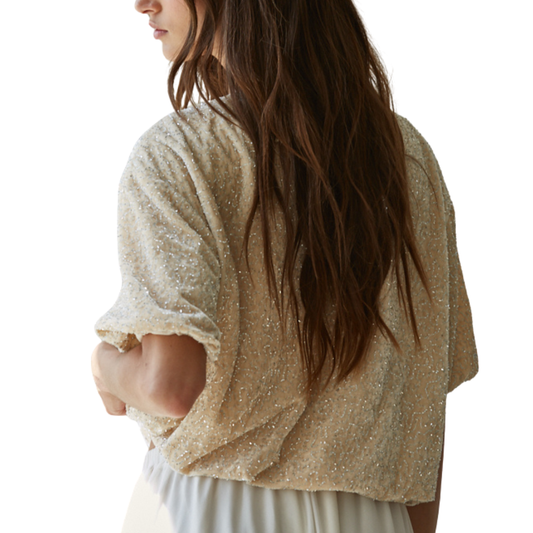 VELVET SEQUIN BUBBLE HEM TOP NATURAL