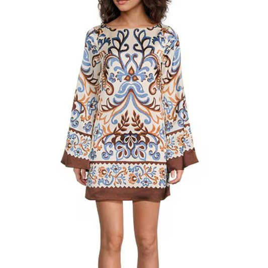 BORDER PRINT DRESS IVORY