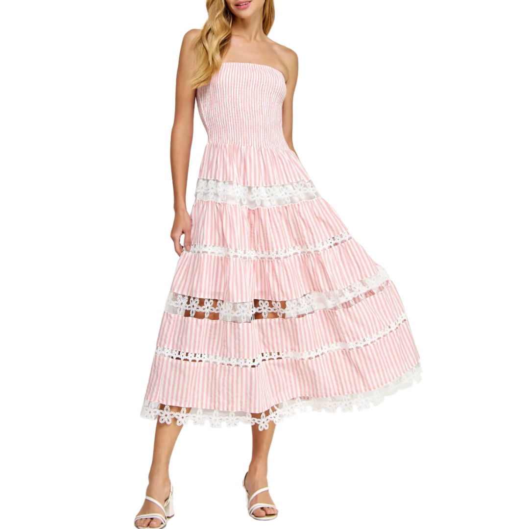 EYELET LACE TUBE DRESS PINK STRIPE