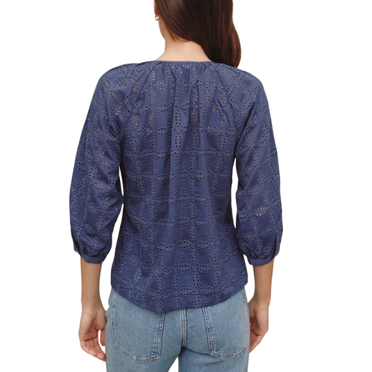 3/4 EYELET PULLOVER TOP INDIGO BLUE
