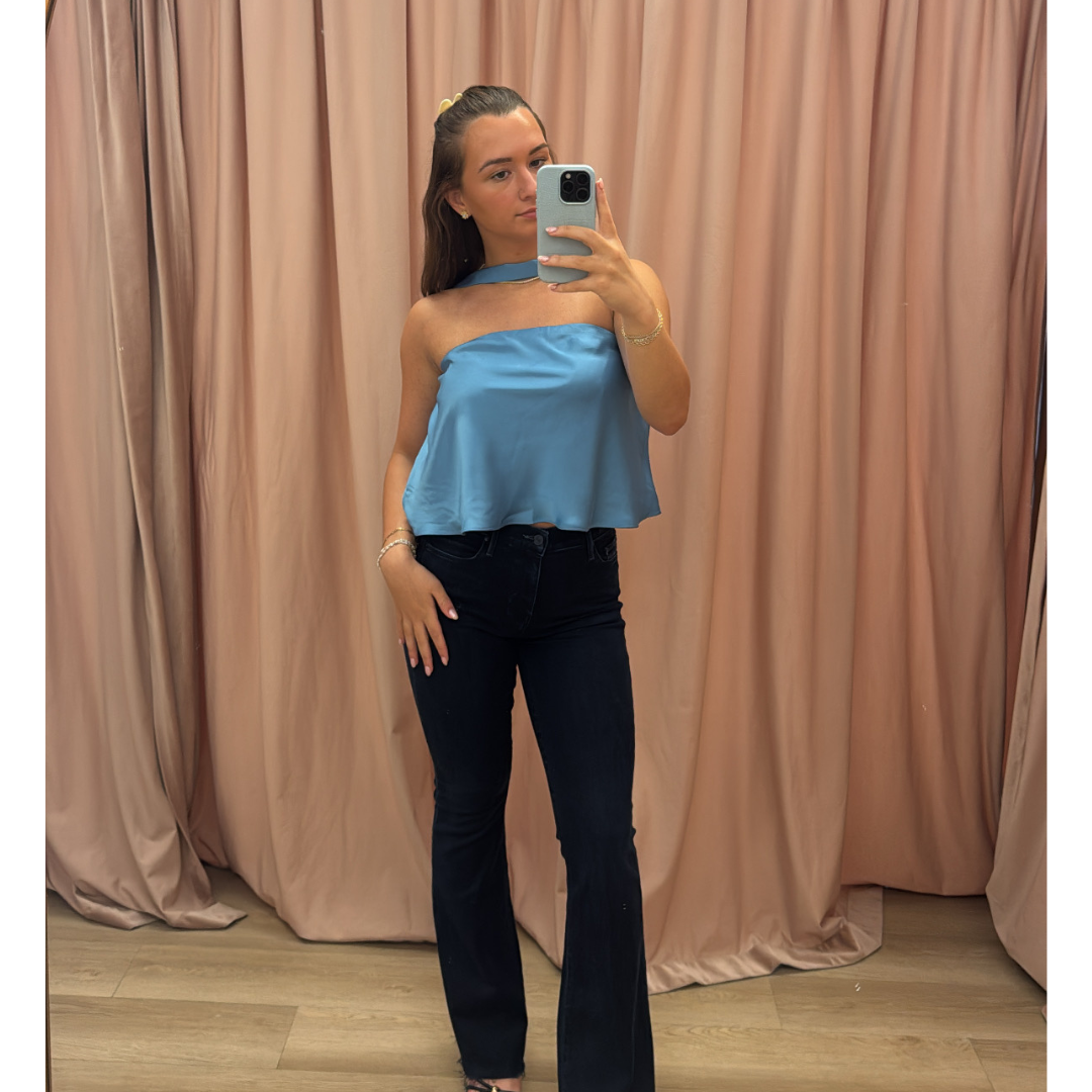 STRAPLESS SCARF SATIN TOP BLUE