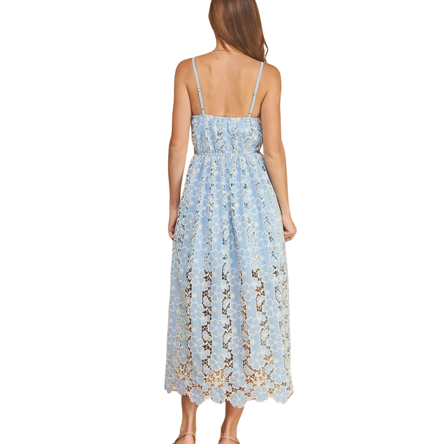 FLORAL LACE MIDI DRESS CHAMBRAY