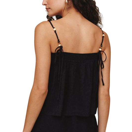 SMOCKED BEADED STRAP TANK BLACK