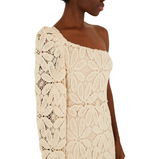 ONE SHOULDER CROCHET DRESS OFF WHITE