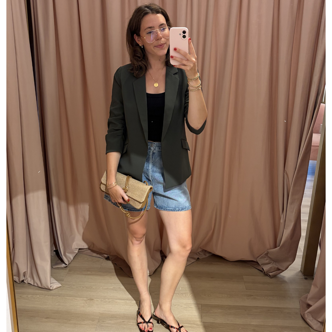 OLIVE SHIRRED SLEEVE BLAZER
