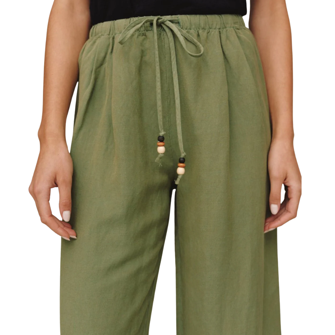 BEADED DRAWSTRING BEACH PANT OLIVE