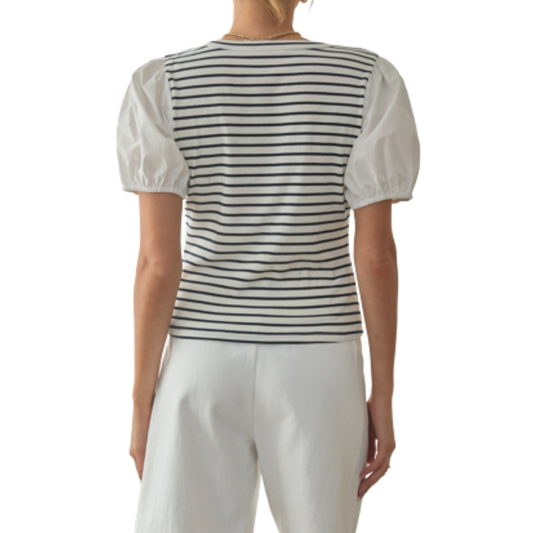 STRIPED PUFF SLEEVE TOP WHITE/NAVY