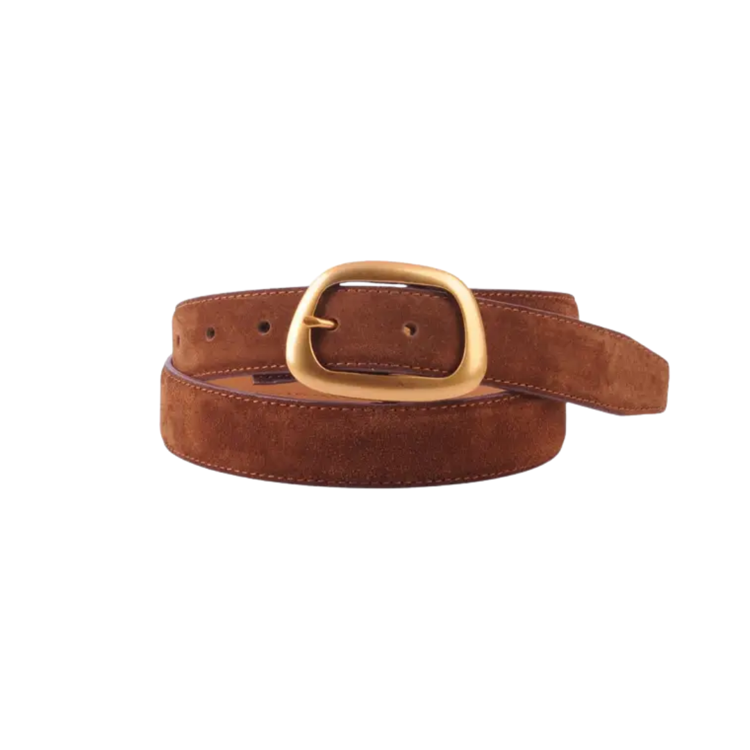SUEDE CURVED GOLD BUCKLE BELT CARAMEL