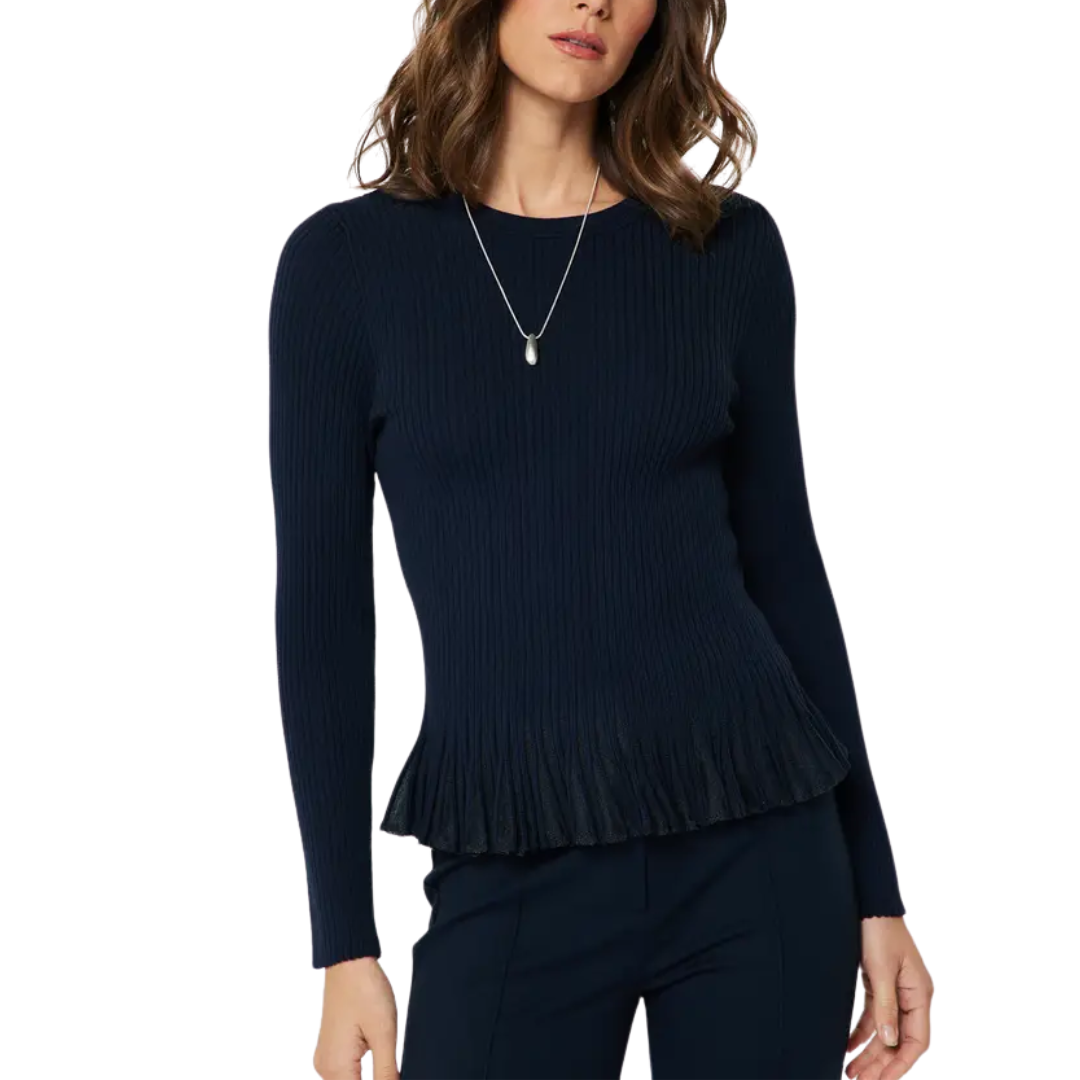 RILEY RIBBED RUFFLE HEM SWEATER NAVY