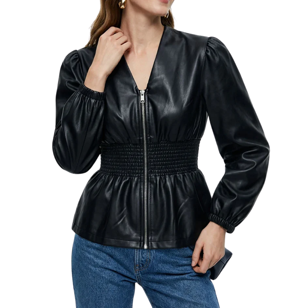 SADIE SMOCKED VEGAN LEATHER BLOUSE BLACK