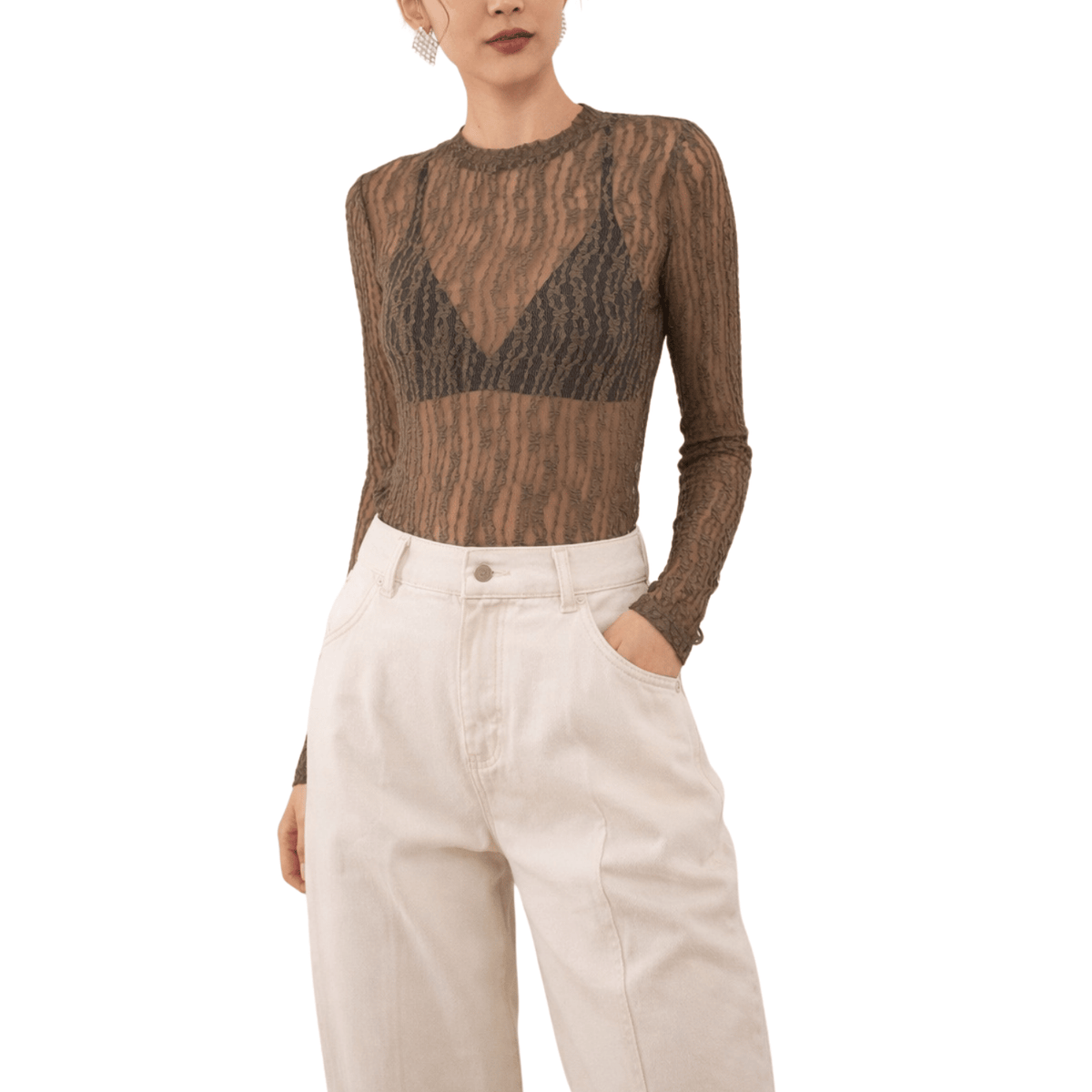 LUCY LONG SLEEVE LACE TOP KHAKI