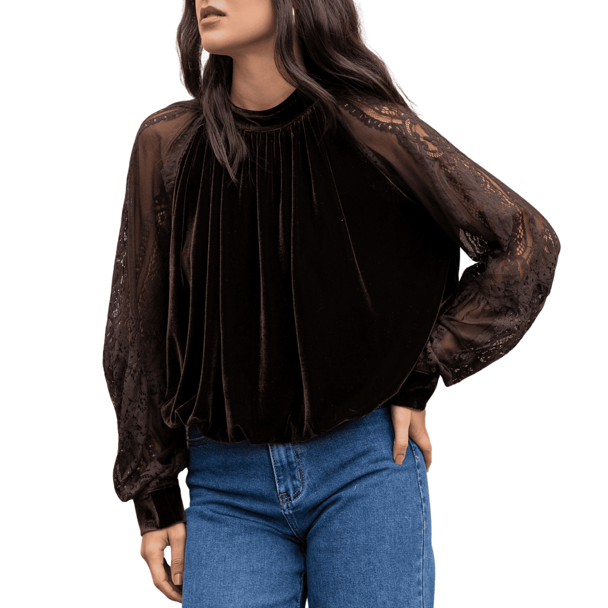 VIENNA VELVET LACE SLEEVE BLOUSE CHOCOLATE