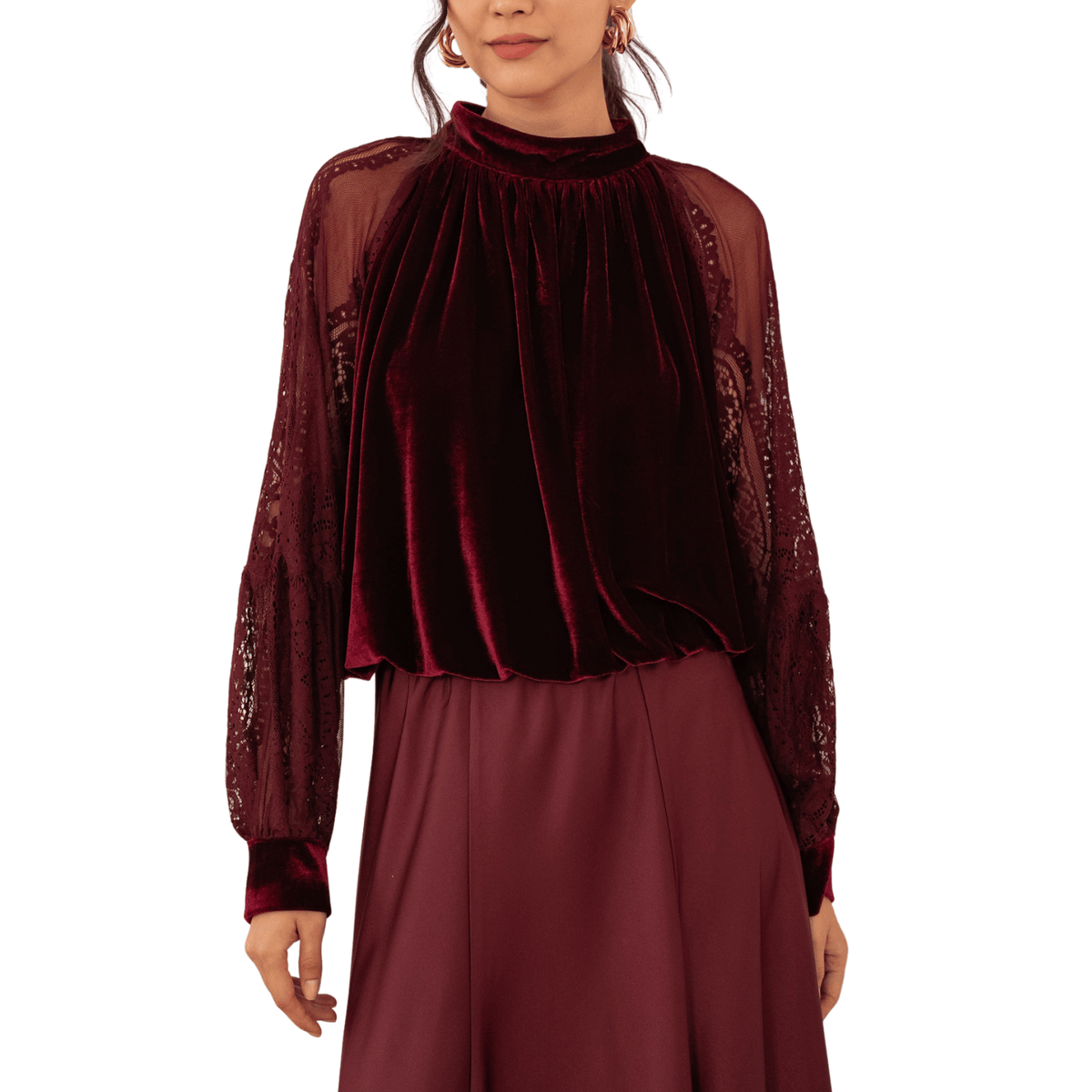 VIENNA VELVET LACE SLEEVE BLOUSE BORDEAUX