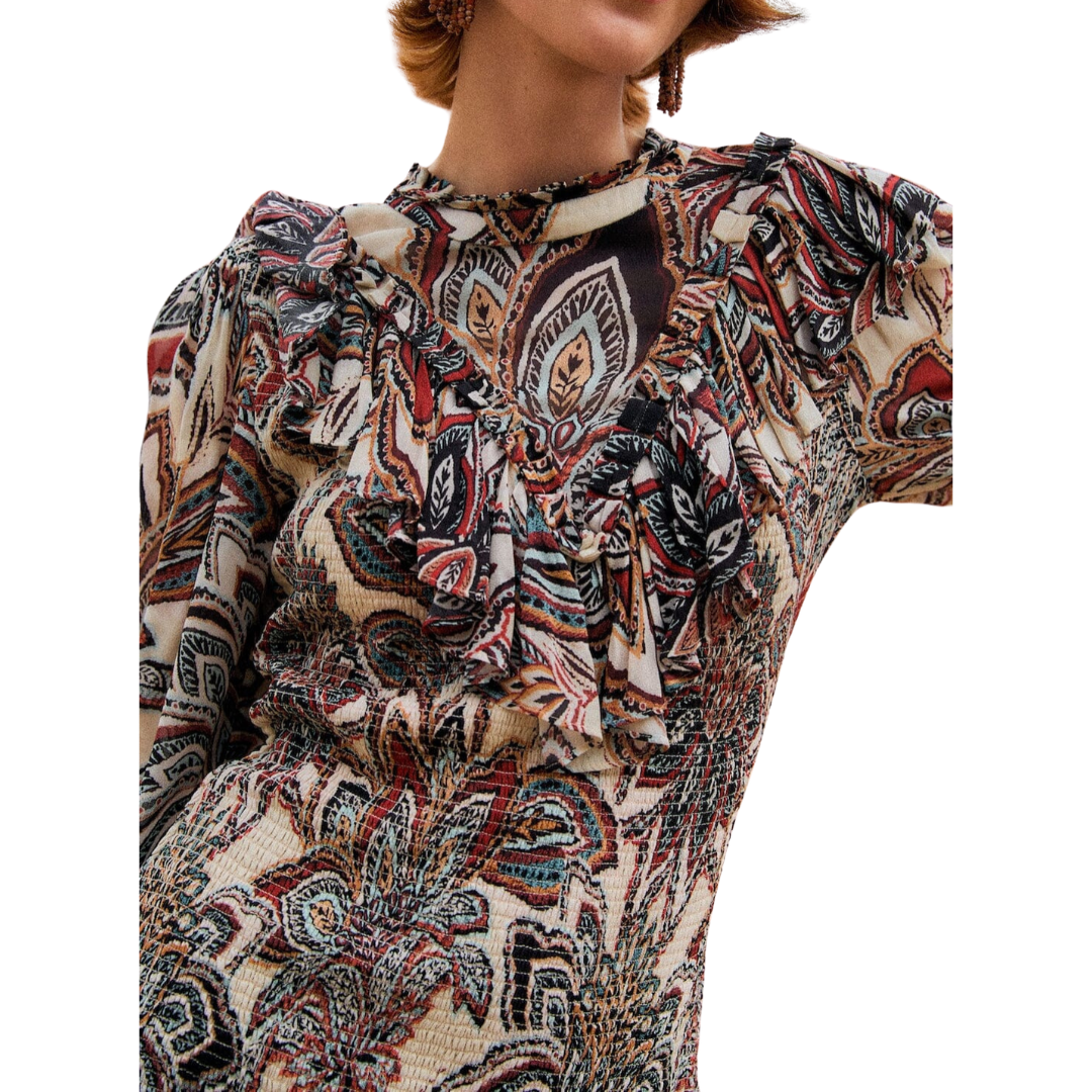 TAPESTRY FLOWERS MINI DRESS BEIGE