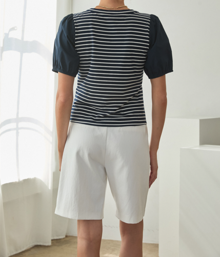 STRIPED PUFF SLEEVE TOP NAVY/WHITE