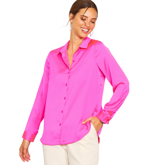 LONG SLEEVE SATIN BUTTON DOWN HOT PINK