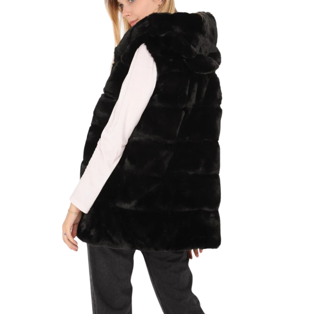 HOODED FAUX FUR VEST BLACK