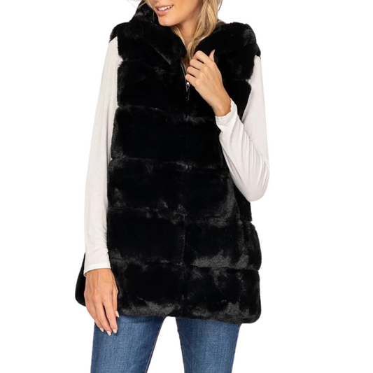 HOODED FAUX FUR VEST BLACK