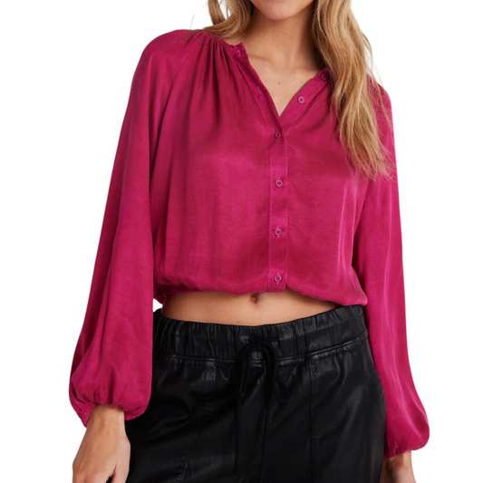 SHIRRED BUTTON FRONT BLOUSE FUCHSIA