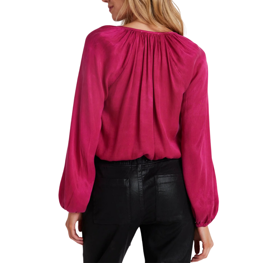 SHIRRED BUTTON FRONT BLOUSE FUCHSIA