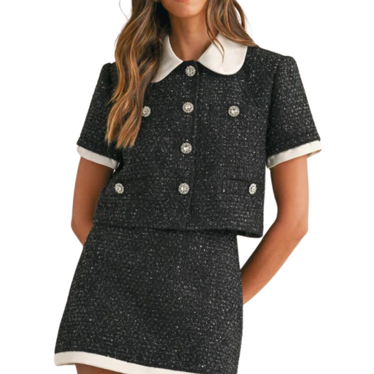 SEQUIN SHORT SLEEVE TWEED JACKET BLACK