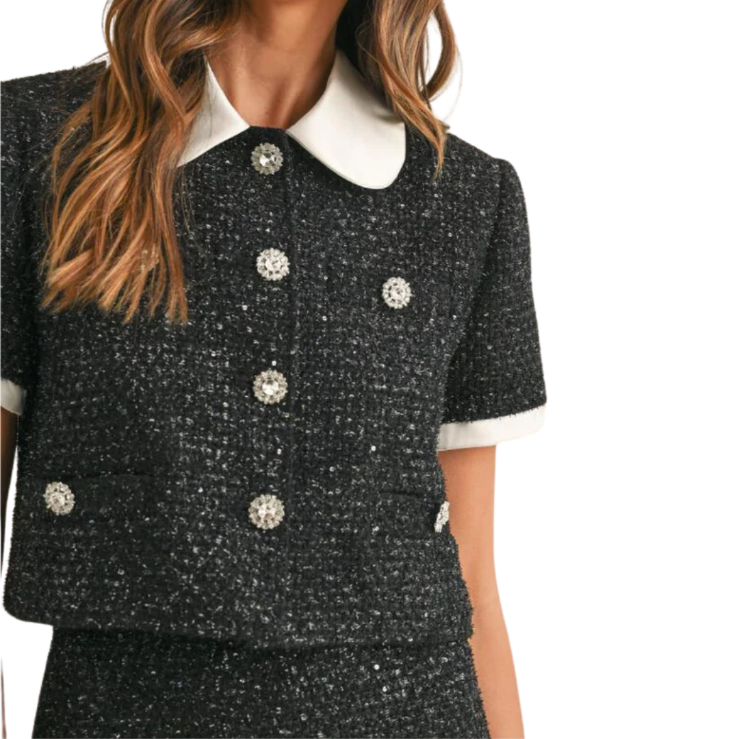 SEQUIN SHORT SLEEVE TWEED JACKET BLACK