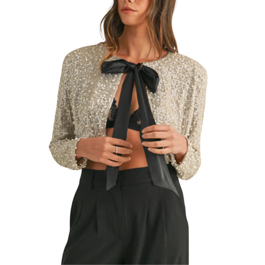 SEQUIN PEARL BOW CROP JACKET BLACK