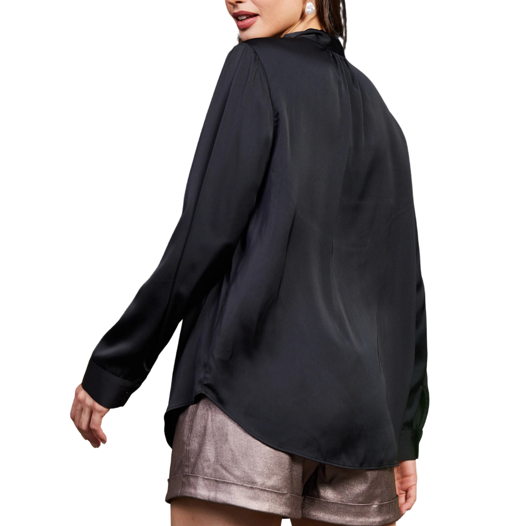 TIE NECK SHIRRING BLOUSE BLACK