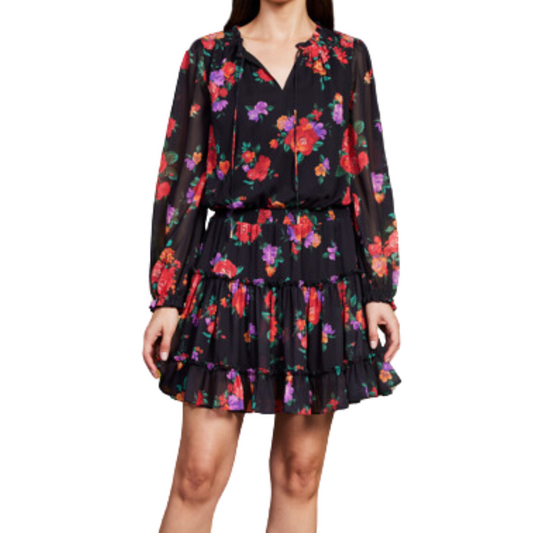 FLORAL PRINTED RUFFLE MINI DRESS BLACK