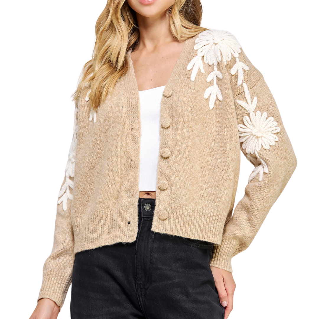 FLORAL EMBROIDERED CARDIGAN OATMEAL/CREAM