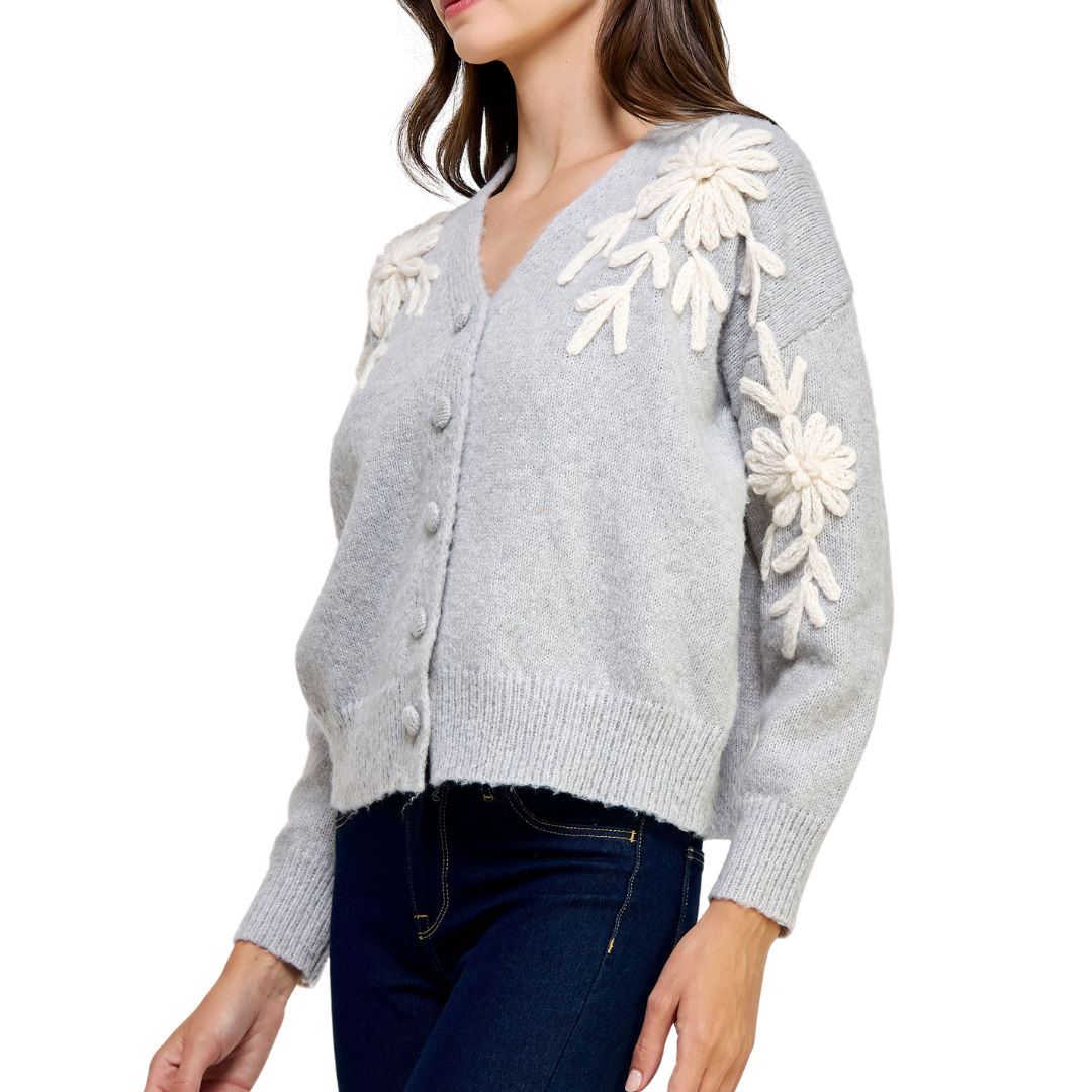 FLORAL EMBROIDERED CARDIGAN GREY/WHITE