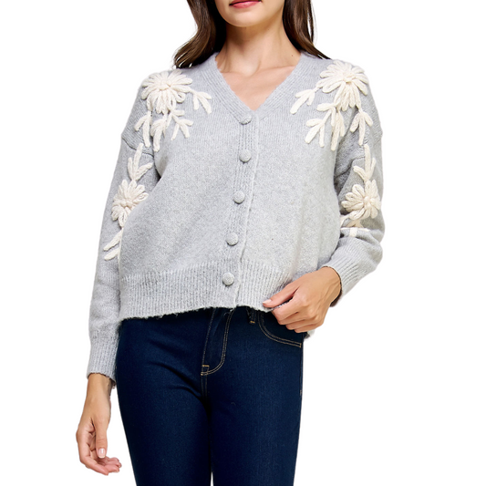 FLORAL EMBROIDERED CARDIGAN GREY/WHITE