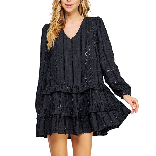 EMBROIDERED LONG SLEEVE TIERED DRESS BLACK