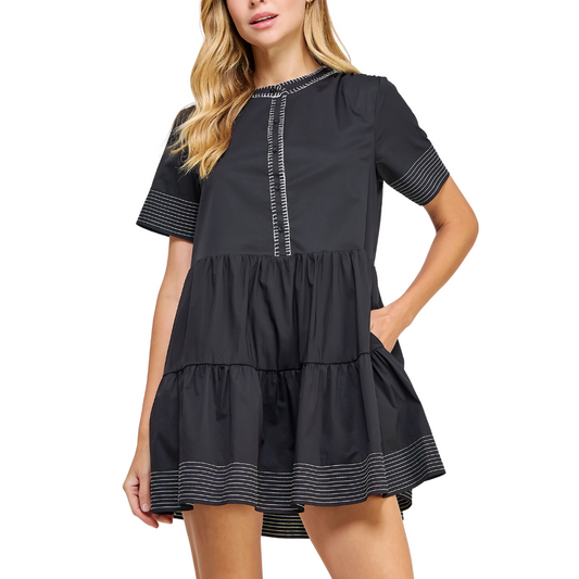 TOP STITCH TIERED DRESS BLACK