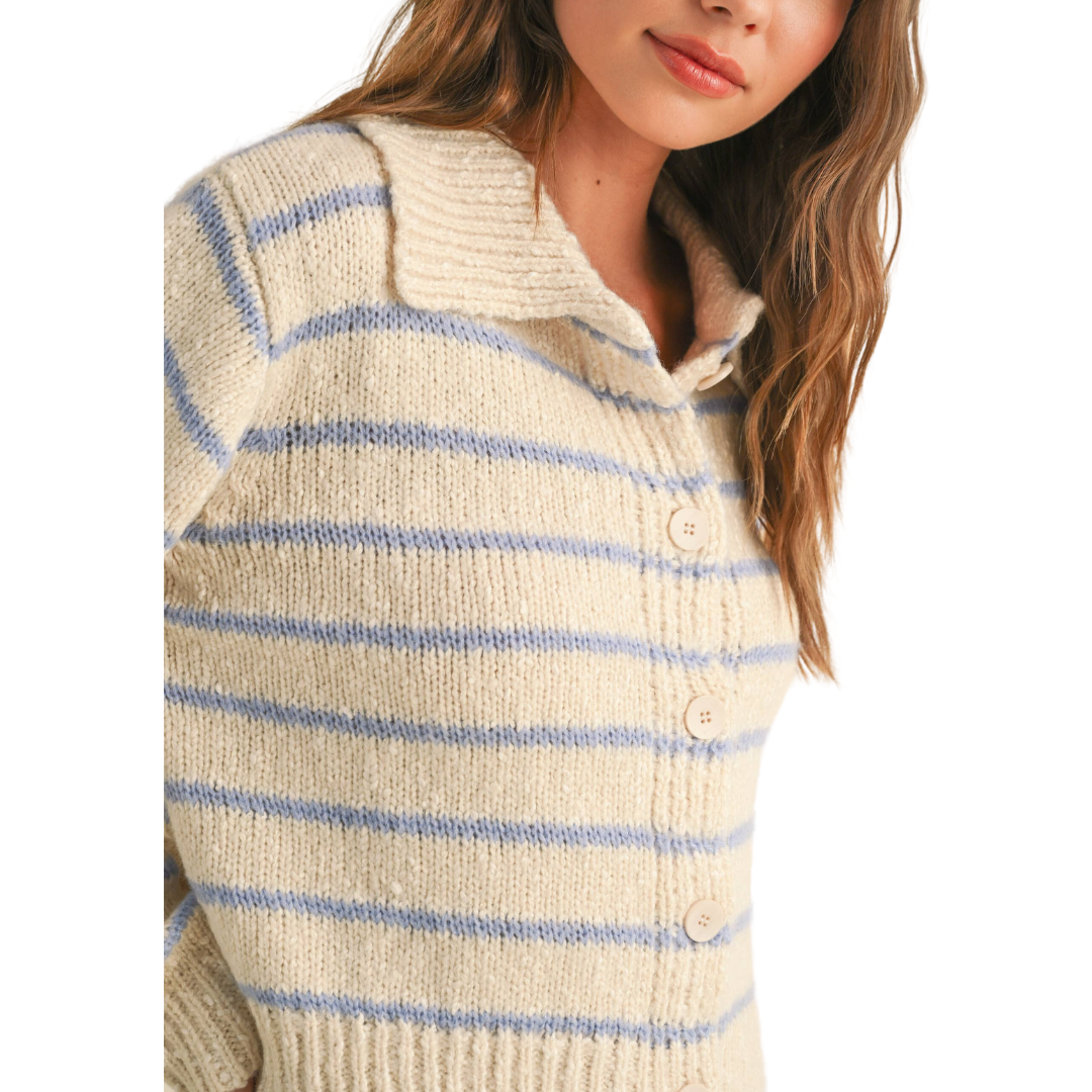 BUTTON DOWN STRIPED KNIT CARDIGAN BLUE