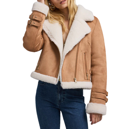 DION SHEARLING MOTO JACKET COGNAC