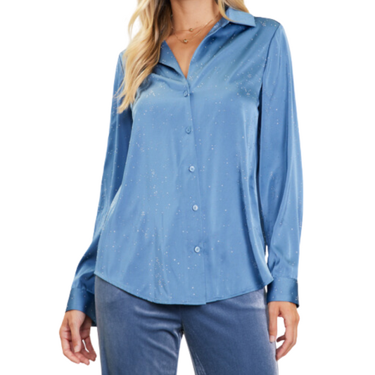 RHINESTONE BUTTON BLOUSE DUSTY BLUE