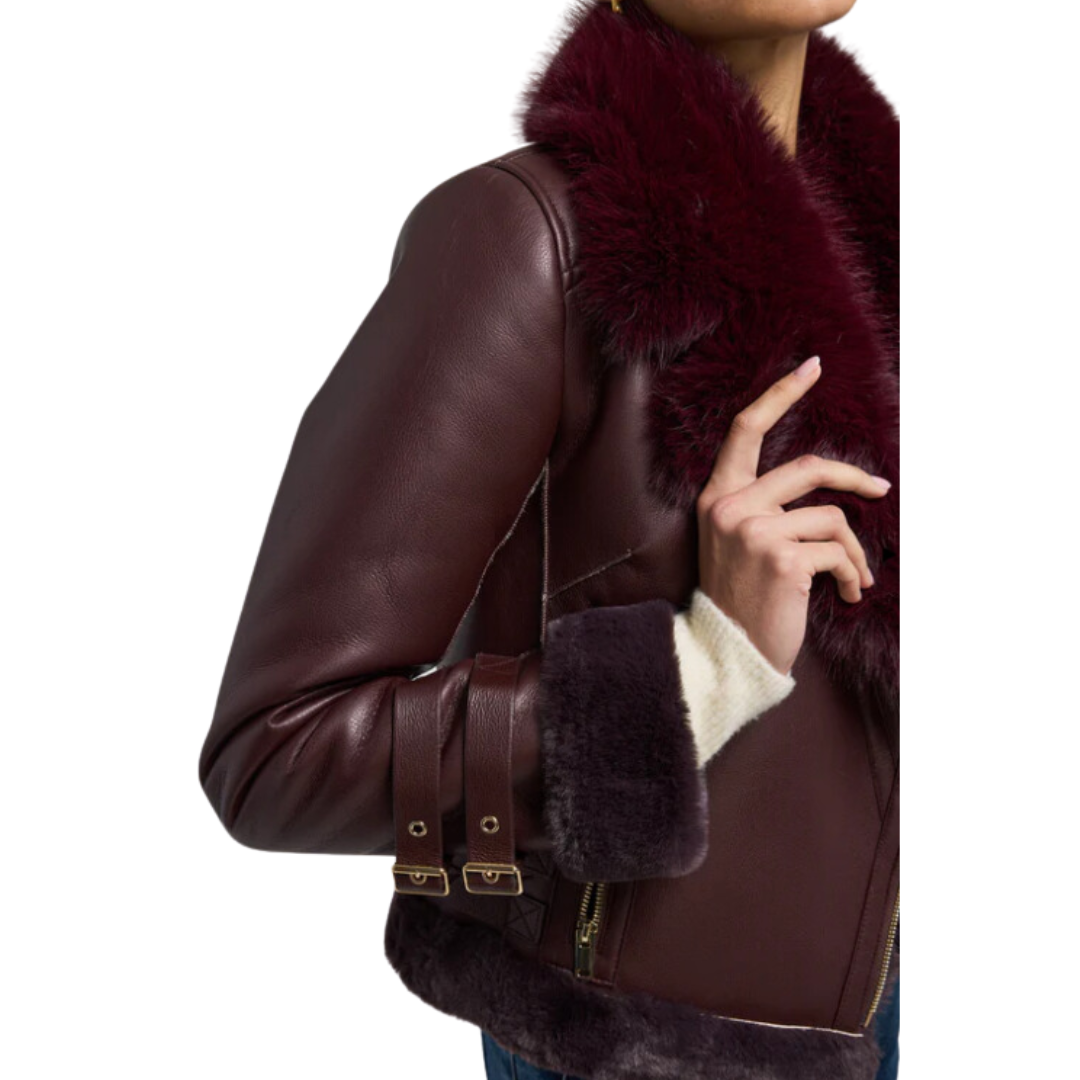 DION SHEARLING MOTO JACKET MALBEC