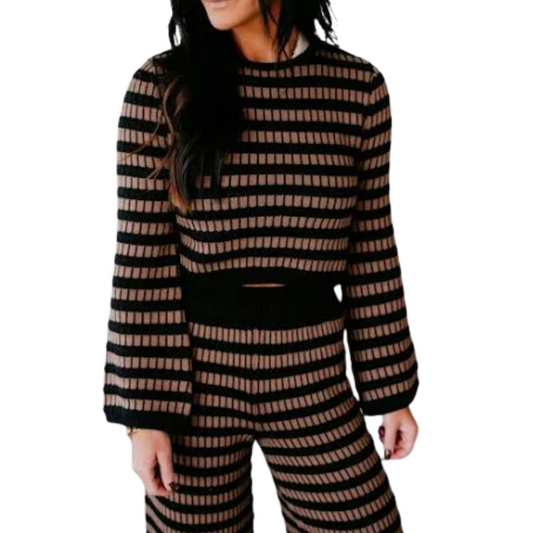 LONG SLEEVE STRIPED KNIT TOP BROWN