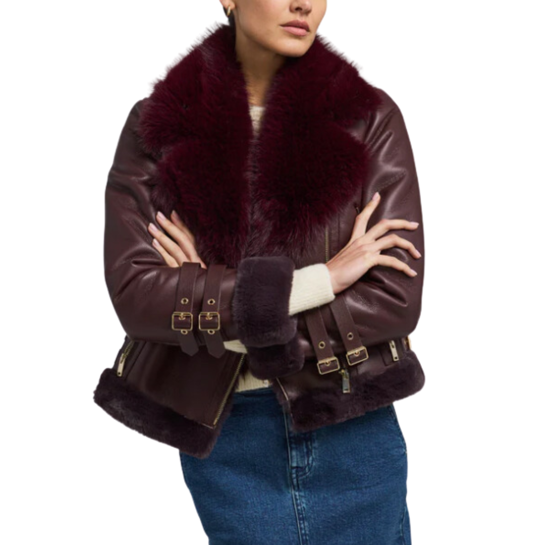 DION SHEARLING MOTO JACKET MALBEC