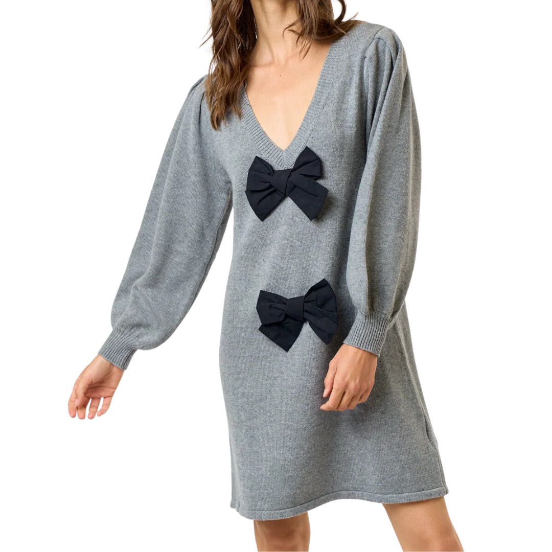 LONG SLEEVE BOW VNECK DRESS GREY/BLACK